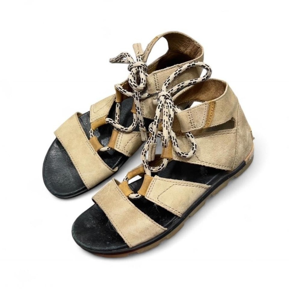 Sorel Tan Leather Lace Up Flat Sandals Women's 8 Open‎ Toe Gladiator Boho